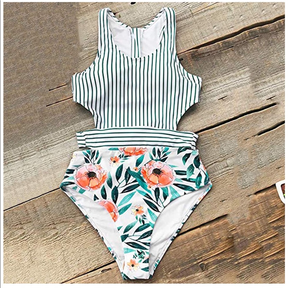One piece swimsuit cut out zip up